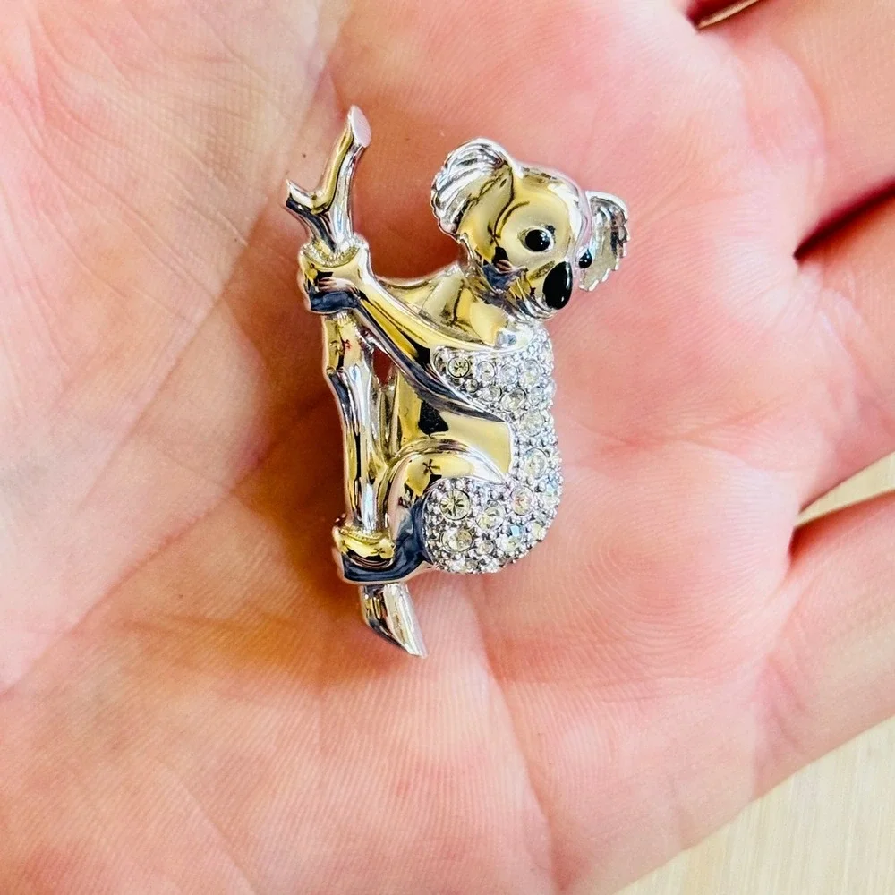 Swarovski Koala Pin Brooch Swan Signed Pave Crystal Rhinestone Silver Figural